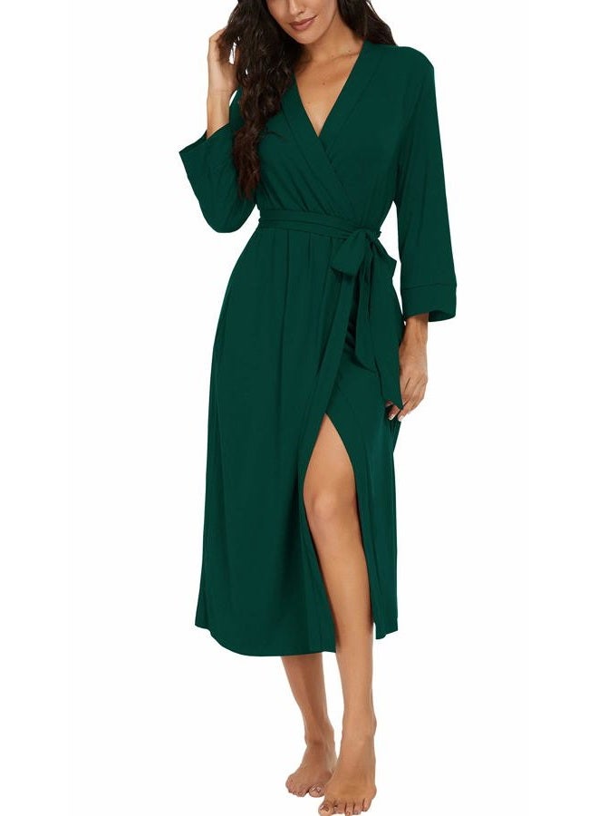 VINTATRE Women Kimono Robes Long Knit Bathrobe Lightweight Soft Knit Sleepwear V-neck Casual Ladies Loungewear, C03 Dark Green, M - Image 1