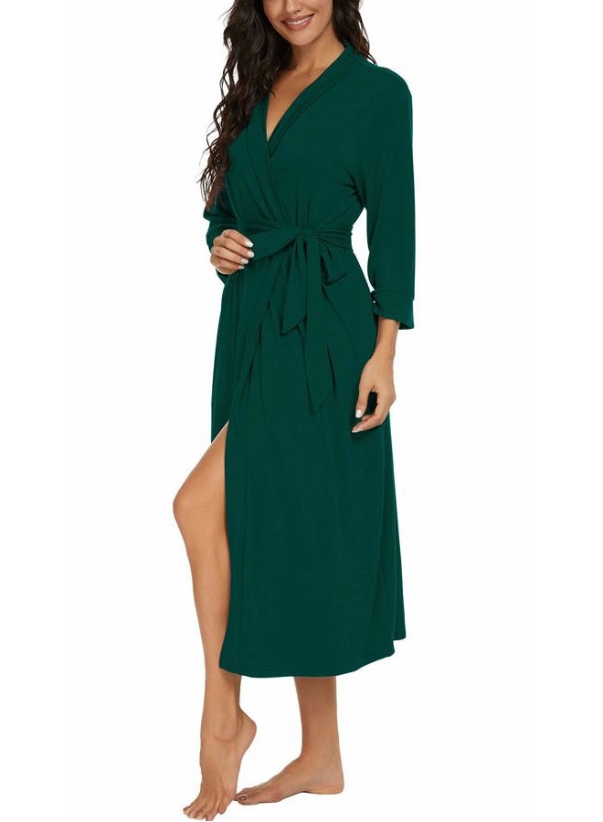VINTATRE Women Kimono Robes Long Knit Bathrobe Lightweight Soft Knit Sleepwear V-neck Casual Ladies Loungewear, C03 Dark Green, M - Image 4