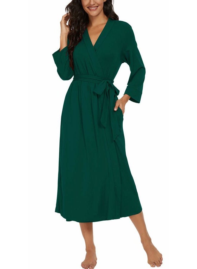 VINTATRE Women Kimono Robes Long Knit Bathrobe Lightweight Soft Knit Sleepwear V-neck Casual Ladies Loungewear, C03 Dark Green, M - Image 3
