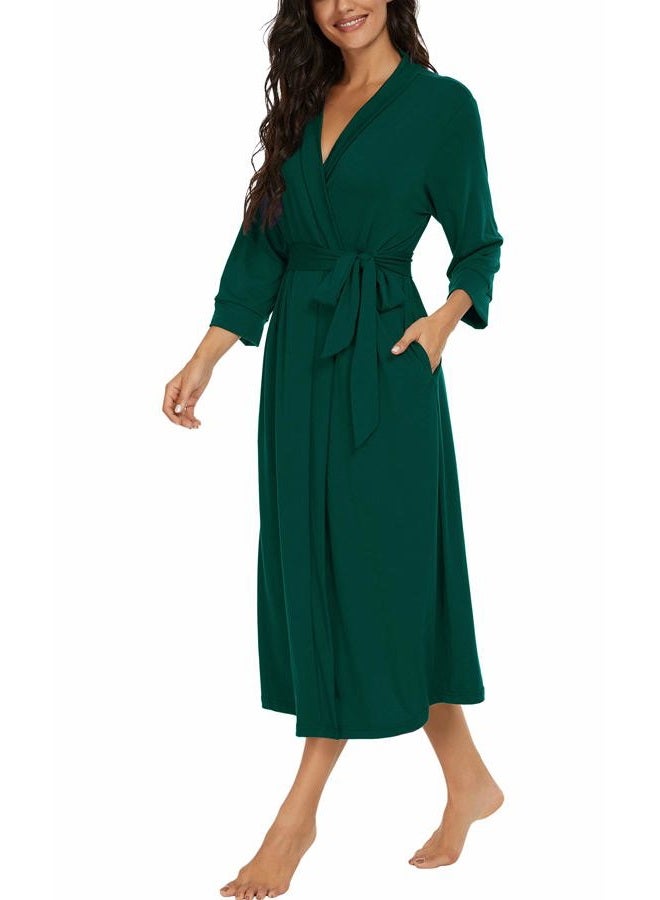 VINTATRE Women Kimono Robes Long Knit Bathrobe Lightweight Soft Knit Sleepwear V-neck Casual Ladies Loungewear, C03 Dark Green, M - Image 2