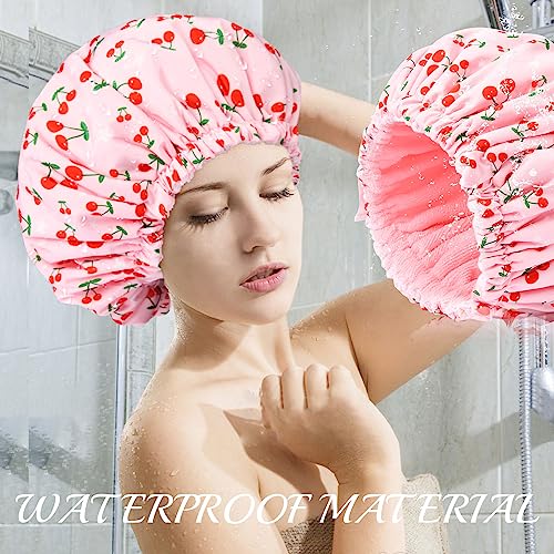 Aileam Shower Cap for Women Terry Lined Bath Cap Large Reusable Waterproof Elastic Band Pink Shower Caps for Long Thick Hair Soft Bath Shower Hair Caps - Image 3