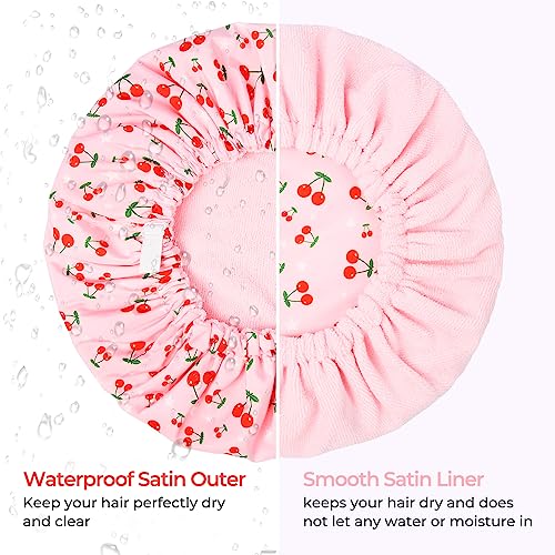 Aileam Shower Cap for Women Terry Lined Bath Cap Large Reusable Waterproof Elastic Band Pink Shower Caps for Long Thick Hair Soft Bath Shower Hair Caps - Image 5