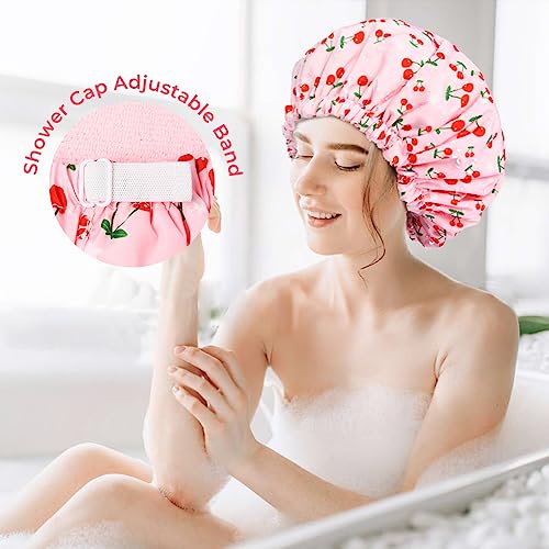 Aileam Shower Cap for Women Terry Lined Bath Cap Large Reusable Waterproof Elastic Band Pink Shower Caps for Long Thick Hair Soft Bath Shower Hair Caps - Image 4