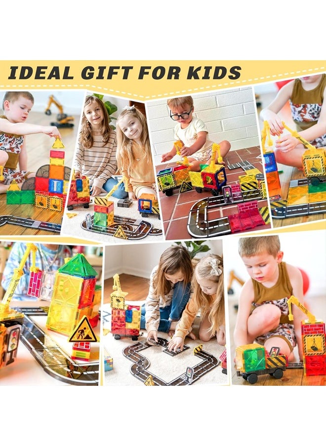 Zeemey Magnetic Tiles Road Set, Magnet Tiles for Kids Ages 3-5 4-8 5-7, Magnetic Building Blocks Montessori Educational STEM Creativity Toys 3+ Year Old Boys & Girls Toddlers Kids Christmas Birthday Gifts  - Image 4