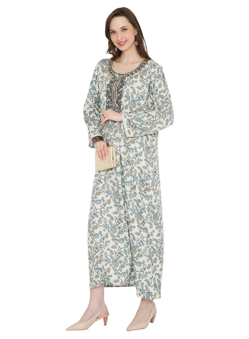HANA & SARA MULTICOLOUR ELEGANT FLORAL PRINTED FARASHA JALABIYA WITH UNIQUE THREAD EMBROIDERY