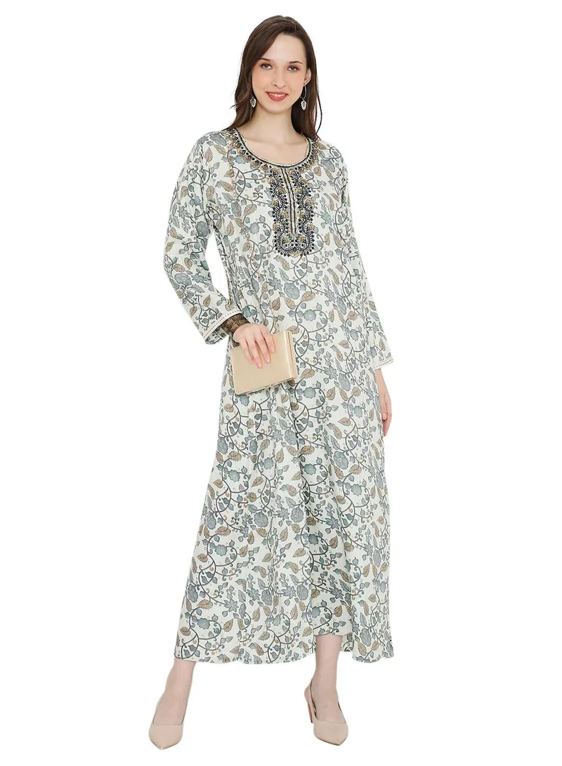 HANA & SARA MULTICOLOUR ELEGANT FLORAL PRINTED FARASHA JALABIYA WITH UNIQUE THREAD EMBROIDERY