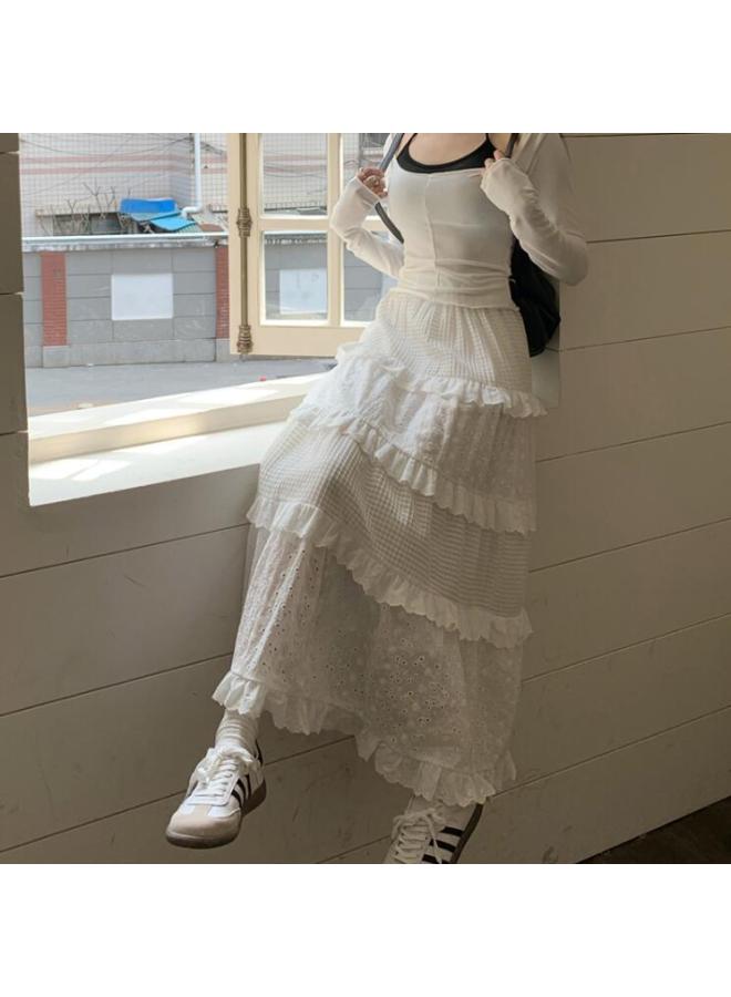 Song Feng Ya Kumikumi Gentle Style Lace Crochet Skirt Women's Spring High-waist A-line Tiered Maxi Skirt White Dress - Image 2