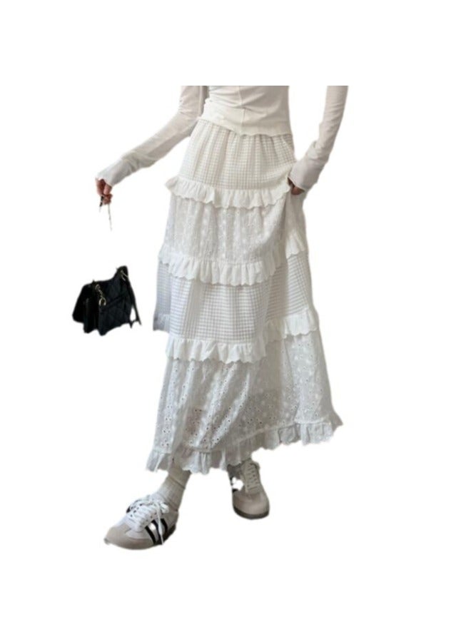 Song Feng Ya Kumikumi Gentle Style Lace Crochet Skirt Women's Spring High-waist A-line Tiered Maxi Skirt White Dress - Image 4