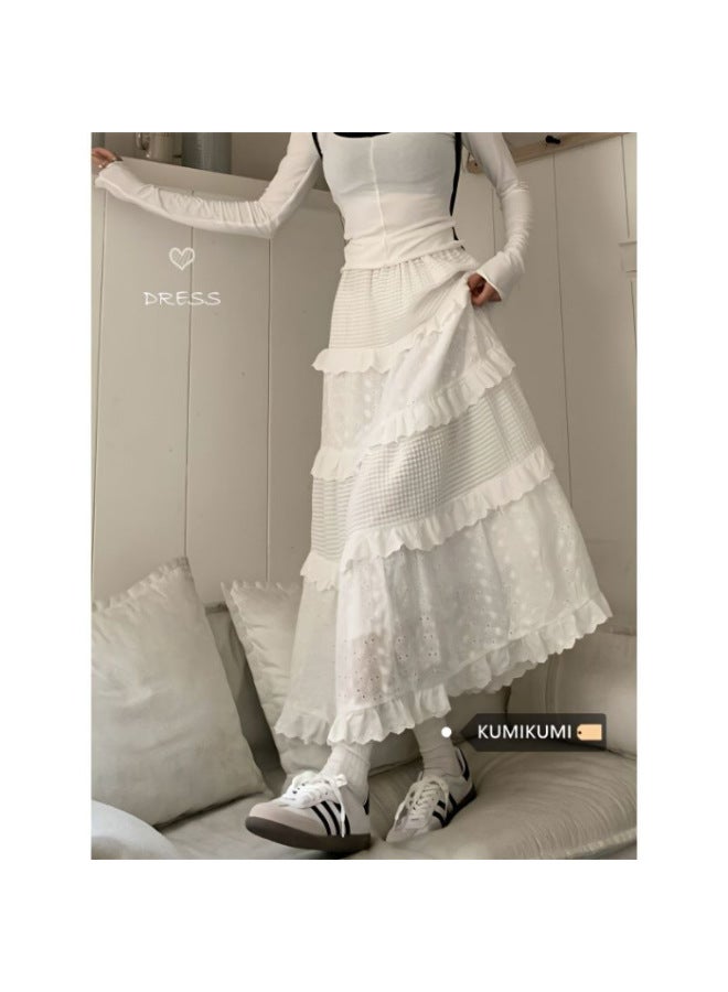 Song Feng Ya Kumikumi Gentle Style Lace Crochet Skirt Women's Spring High-waist A-line Tiered Maxi Skirt White Dress - Image 1