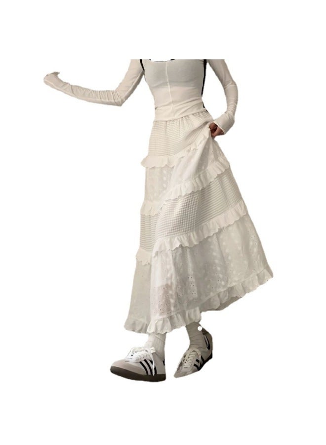 Song Feng Ya Kumikumi Gentle Style Lace Crochet Skirt Women's Spring High-waist A-line Tiered Maxi Skirt White Dress - Image 5