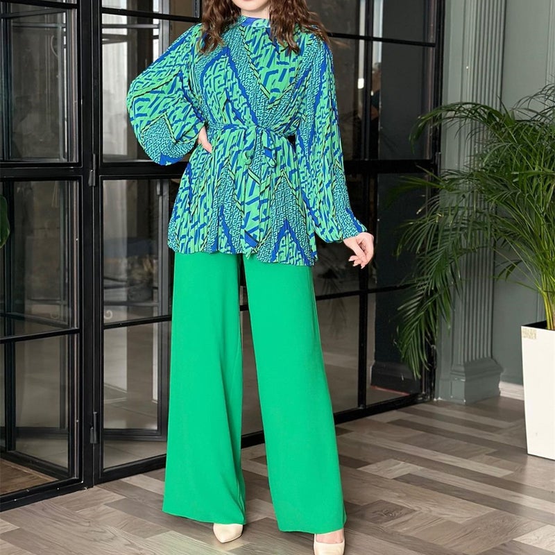 2023 Autumn Fashion Ruffled Blouse Wide Leg Pants Set Blue and Green crimped set  - Image 1