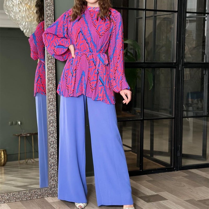 2023 Autumn Fashion Ruffled Blouse Wide Leg Pants Set Blue and Green crimped set  - Image 3