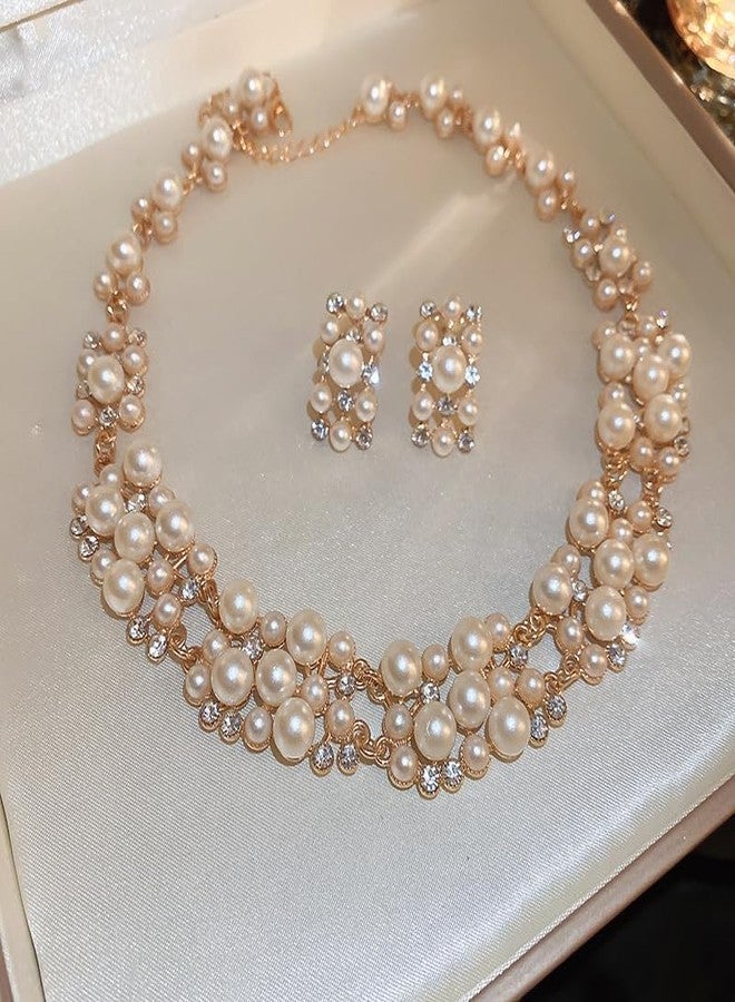 BERYUAN Dainty Pearl Rhinestone Necklace Earrings Set Layered Chunky Short Pearl Rhinestone Statement Necklace Earrings Set Elegant Gold Plated Wedding Bride Jewelry Set for Brides Bridesmaid - Image 5