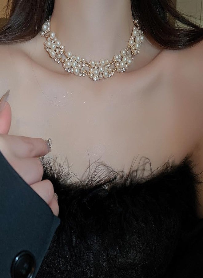 BERYUAN Dainty Pearl Rhinestone Necklace Earrings Set Layered Chunky Short Pearl Rhinestone Statement Necklace Earrings Set Elegant Gold Plated Wedding Bride Jewelry Set for Brides Bridesmaid - Image 3