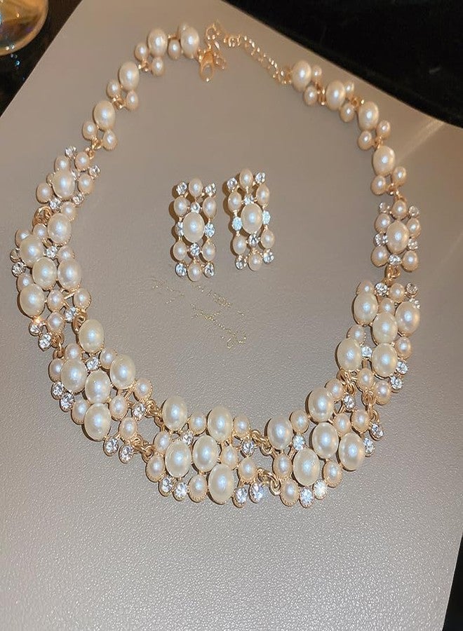 BERYUAN Dainty Pearl Rhinestone Necklace Earrings Set Layered Chunky Short Pearl Rhinestone Statement Necklace Earrings Set Elegant Gold Plated Wedding Bride Jewelry Set for Brides Bridesmaid - Image 4