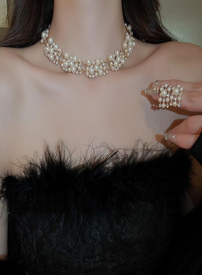 BERYUAN Dainty Pearl Rhinestone Necklace Earrings Set Layered Chunky Short Pearl Rhinestone Statement Necklace Earrings Set Elegant Gold Plated Wedding Bride Jewelry Set for Brides Bridesmaid - Image 2