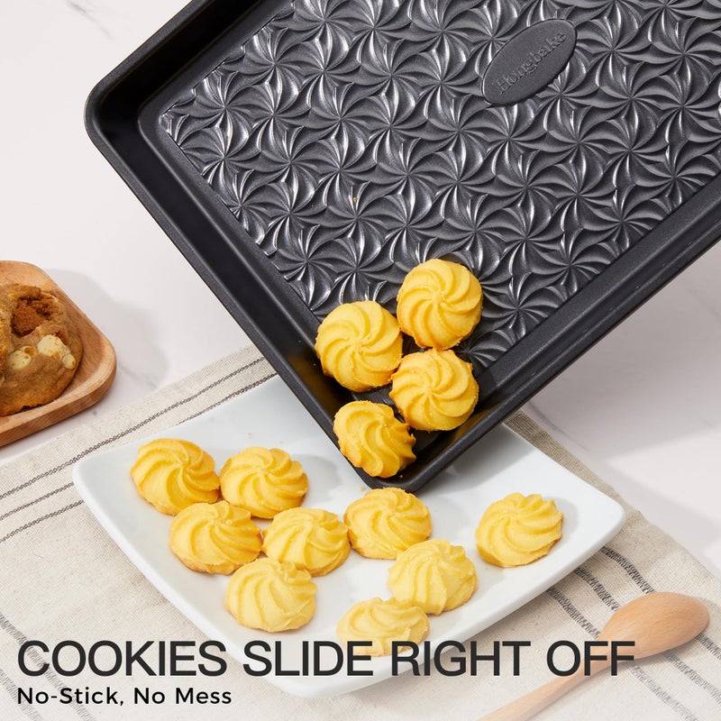 HONGBAKE Nonstick Baking Sheet Pan Set of 3, Cookie Sheets for Oven, Non-Toxic Half/Quarter/Jelly Roll Pans with Floral Swirl Texture, Heavy Duty 0.8mm Thick Oven Trays for Cooking, Dark Gray - Image 2
