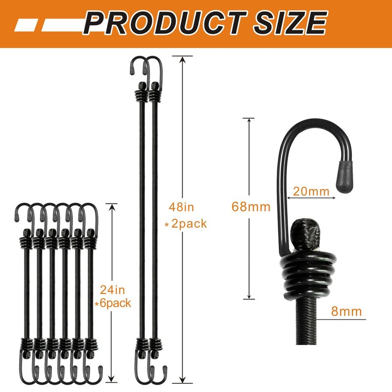 BEXSLE Bungee Cords with Hooks, Heavy Duty Outdoor Elastic Bungee Strapsï¼ŒNo Odour Industrial Grade Bungee Rope for Securing Tarps, Luggage,Tents, Bikes or Garden Tidying 24in6pcs + 48in2pcs (Black) - Image 5