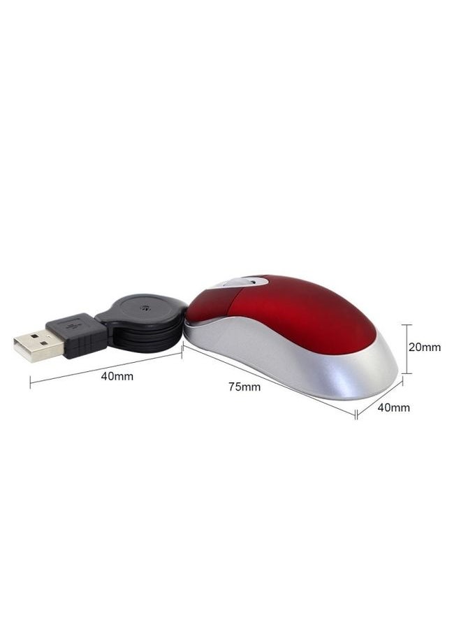 Mini Computer Mouse Retractable USB Cable Optical Ergonomic1600 DPI Portable Small Mice for Laptop(Red)