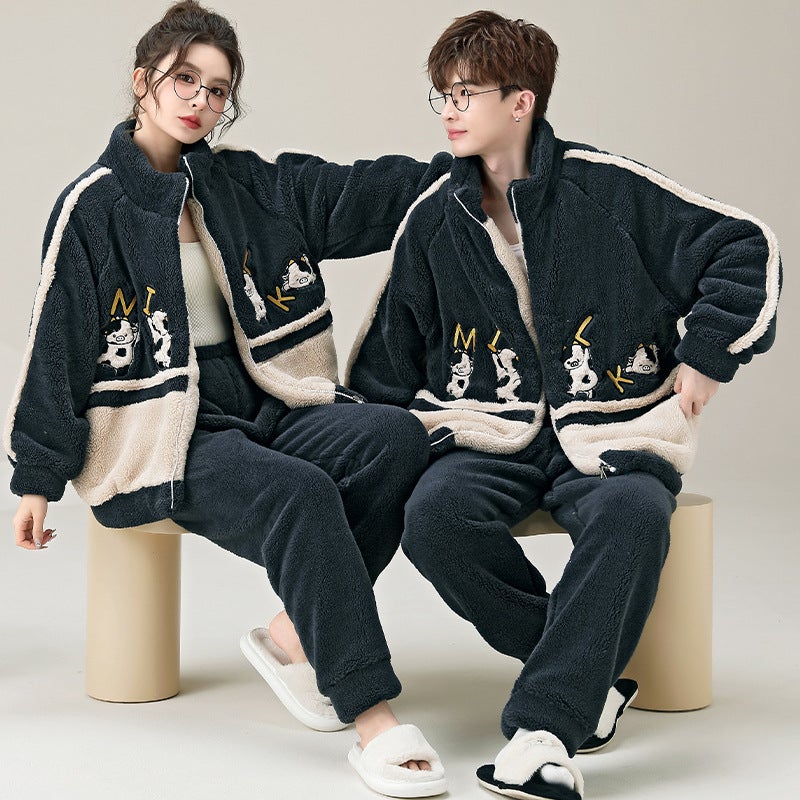 Couple Pajamas Coral Fleece Thickened Warm Flannel Home Clothes Men'S And Women'S Zipper Home Clothes Suit - Image 1