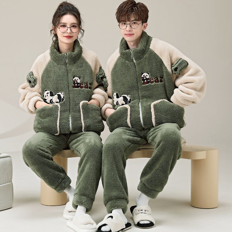 Couple Pajamas Coral Fleece Thickened Warm Flannel Home Clothes Men'S And Women'S Zipper Home Clothes Suit - Image 4
