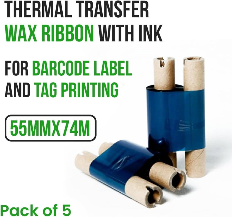 Pack of 5 – 55mmX74m Transfer Wax Ribbon for Barcode Printers with Ink | Compatible with Zebra, Eltron, Datamax & Most Thermal Printers - Image 2