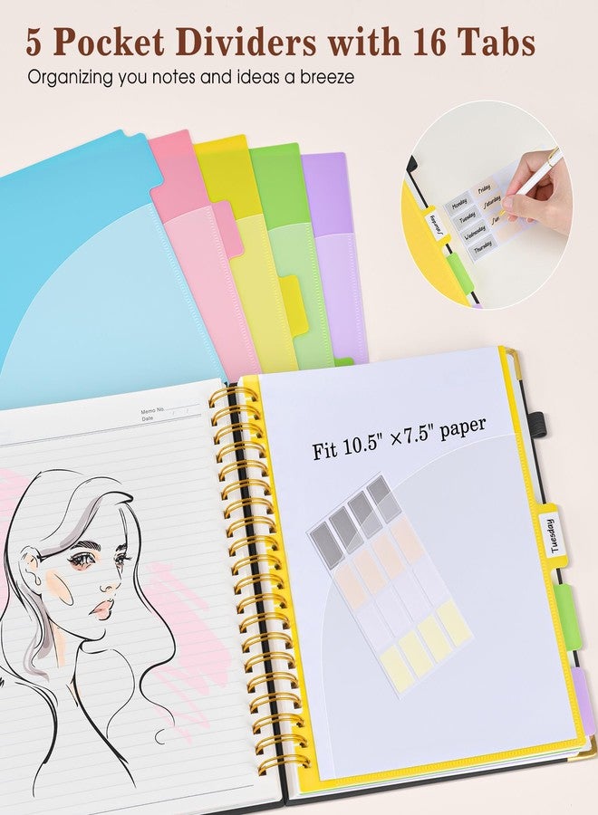 dilitego Hardcover Large Spiral Notebook 8.5" x 11" with Removable Dividers Tabs, 300 Pages Leather 5 Subject Notebook College Ruled, A4 Journal for Women Men, Notebooks for Work School Note taking,Black - Image 4