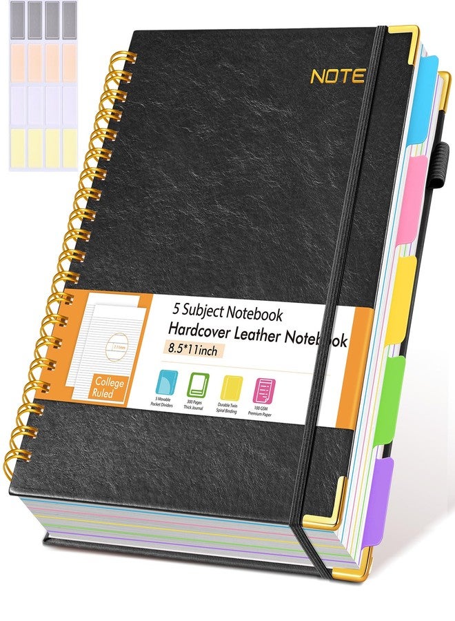 dilitego Hardcover Large Spiral Notebook 8.5" x 11" with Removable Dividers Tabs, 300 Pages Leather 5 Subject Notebook College Ruled, A4 Journal for Women Men, Notebooks for Work School Note taking,Black - Image 1