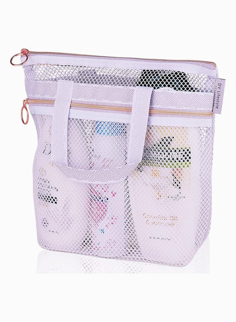SYOSI Portable Shower Tote, SYOSI Transparent Mesh Wash Bag, Cosmetic Bag, Travel Wash Bag, Shower Bag with Zipper & 2 Pockets, Ideal for Gym, Travel, Beach, for Sunscreen - Image 1