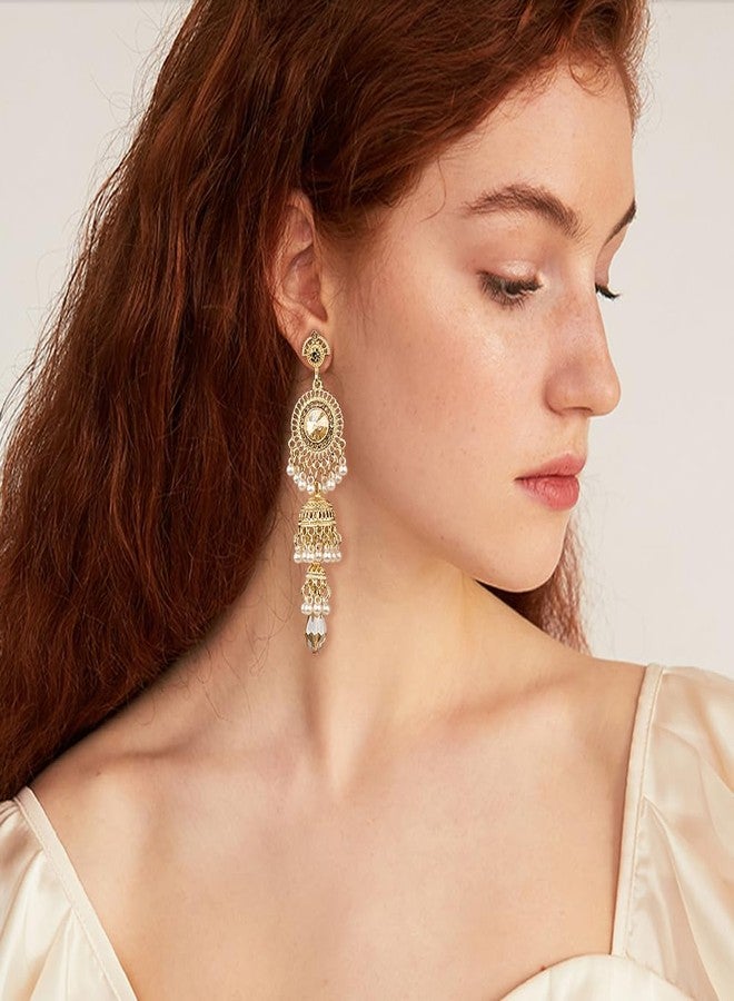 OIDIMS Bollywood Jhumka Jhumki Long Tassel Earrings Traditional Bohemian Earring Dangle Drop Cubic Zirconia Oxidized Dangling Boho Beads Bell Vintage Ethnic Gypsy Indian Jewelry Gifts for Women (Champagne) - Image 2
