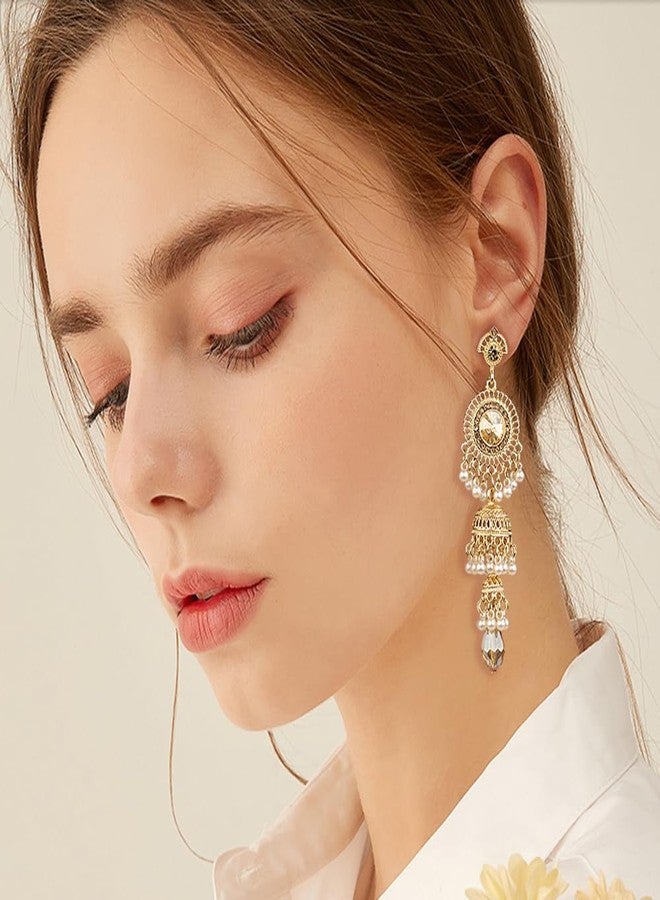 OIDIMS Bollywood Jhumka Jhumki Long Tassel Earrings Traditional Bohemian Earring Dangle Drop Cubic Zirconia Oxidized Dangling Boho Beads Bell Vintage Ethnic Gypsy Indian Jewelry Gifts for Women (Champagne) - Image 3