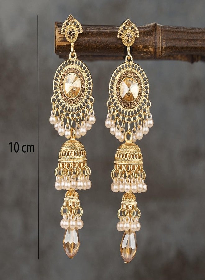 OIDIMS Bollywood Jhumka Jhumki Long Tassel Earrings Traditional Bohemian Earring Dangle Drop Cubic Zirconia Oxidized Dangling Boho Beads Bell Vintage Ethnic Gypsy Indian Jewelry Gifts for Women (Champagne) - Image 4