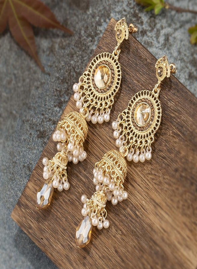 OIDIMS Bollywood Jhumka Jhumki Long Tassel Earrings Traditional Bohemian Earring Dangle Drop Cubic Zirconia Oxidized Dangling Boho Beads Bell Vintage Ethnic Gypsy Indian Jewelry Gifts for Women (Champagne) - Image 5