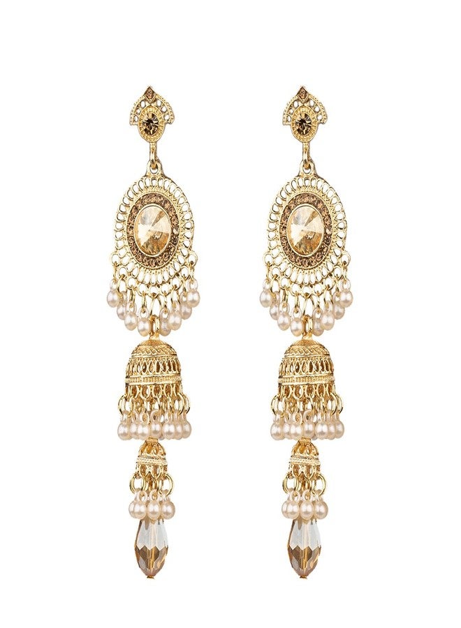 OIDIMS Bollywood Jhumka Jhumki Long Tassel Earrings Traditional Bohemian Earring Dangle Drop Cubic Zirconia Oxidized Dangling Boho Beads Bell Vintage Ethnic Gypsy Indian Jewelry Gifts for Women (Champagne) - Image 1