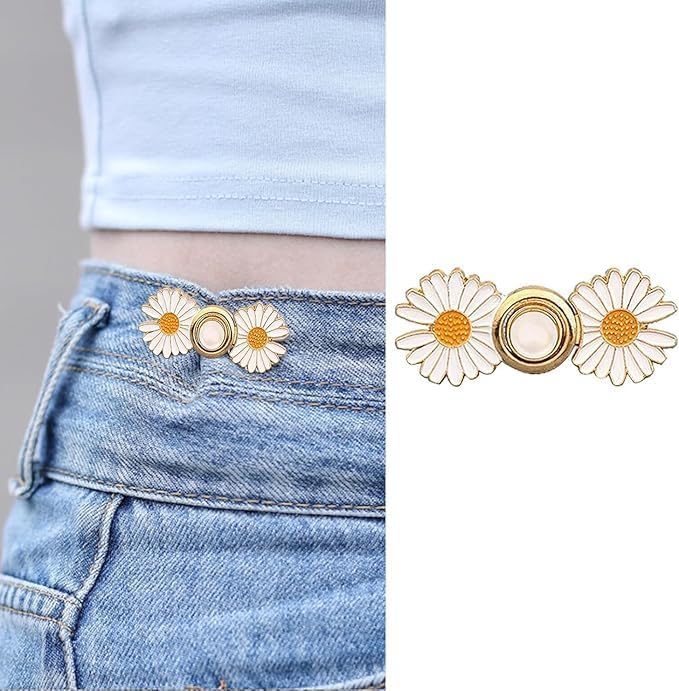 DRUCILA Set of 2 Adjustable Waist Buckle for Loose Jeans Pants, Detachable Instant Jeans Button Pins Waist Tightener Set, Make The Waist Fit for Skirt Pants Robe, No Sewing Required. (White Flower) - Image 3