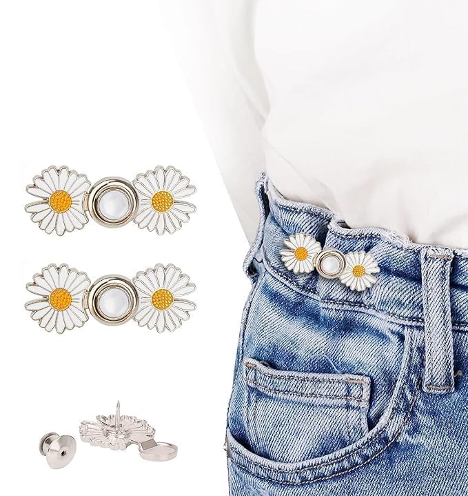 DRUCILA Set of 2 Adjustable Waist Buckle for Loose Jeans Pants, Detachable Instant Jeans Button Pins Waist Tightener Set, Make The Waist Fit for Skirt Pants Robe, No Sewing Required. (White Flower) - Image 1