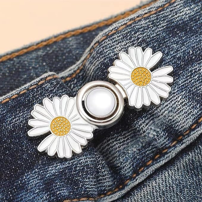 DRUCILA Set of 2 Adjustable Waist Buckle for Loose Jeans Pants, Detachable Instant Jeans Button Pins Waist Tightener Set, Make The Waist Fit for Skirt Pants Robe, No Sewing Required. (White Flower) - Image 2
