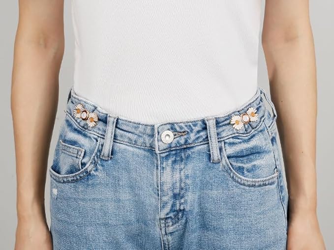 DRUCILA Set of 2 Adjustable Waist Buckle for Loose Jeans Pants, Detachable Instant Jeans Button Pins Waist Tightener Set, Make The Waist Fit for Skirt Pants Robe, No Sewing Required. (White Flower) - Image 4