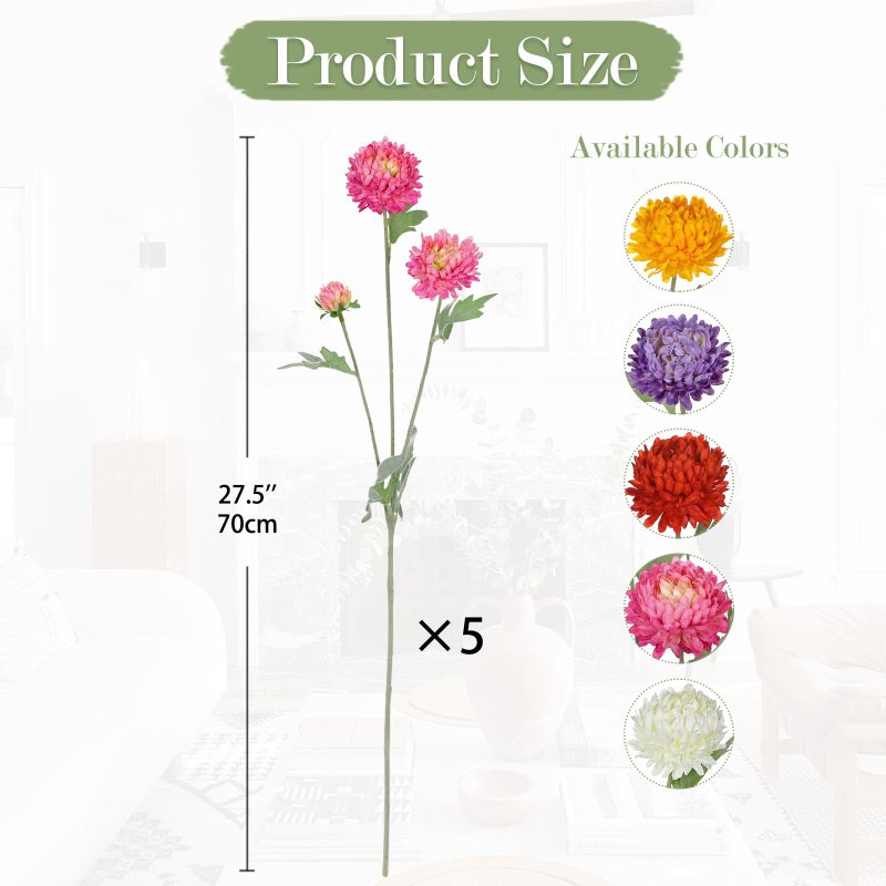 Briful 5PCS Artificial Chrysanthemum Flowers - 27.5'' Tall Faux Mums Floral Stems Pink Silk Chrysanthemums for Home Wedding Party Bouquet Arrangement Vase Centerpiece DÃ©cor - Image 2