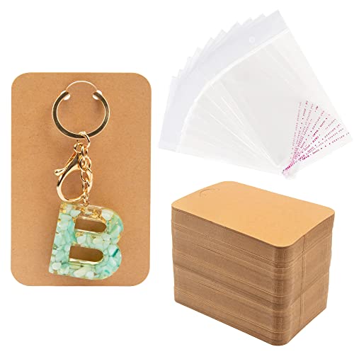 Temlum 100 Pcs Keychain Display Cards with Self-Sealing Bags, 3'' x 4.7'' Keychain Cards Holder for Display Keyring Cards Jewelry Packaging Supplies (Brown) - Image 1
