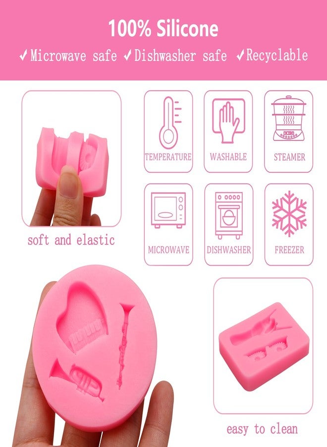 Xcake Lcook Music Theme Silicone Molds, 5-Piece Set, Guitar Musical Notes Radio Fondant Molds, Rock Hand Sign Microphone Chocolate Molds for Cake Decorating Cupcake Topper Candy Clay, Pink - Image 3