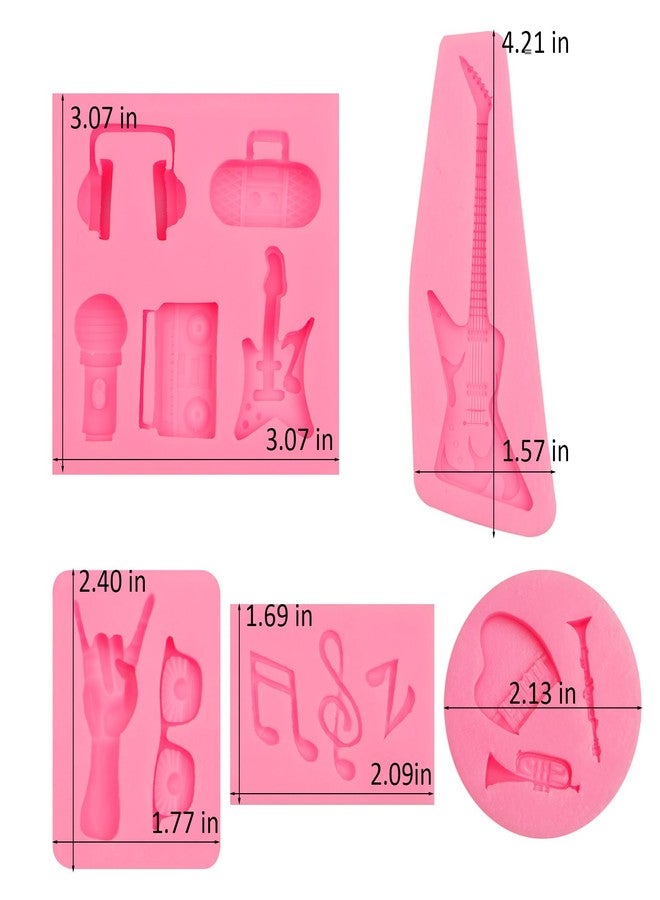 Xcake Lcook Music Theme Silicone Molds, 5-Piece Set, Guitar Musical Notes Radio Fondant Molds, Rock Hand Sign Microphone Chocolate Molds for Cake Decorating Cupcake Topper Candy Clay, Pink - Image 2