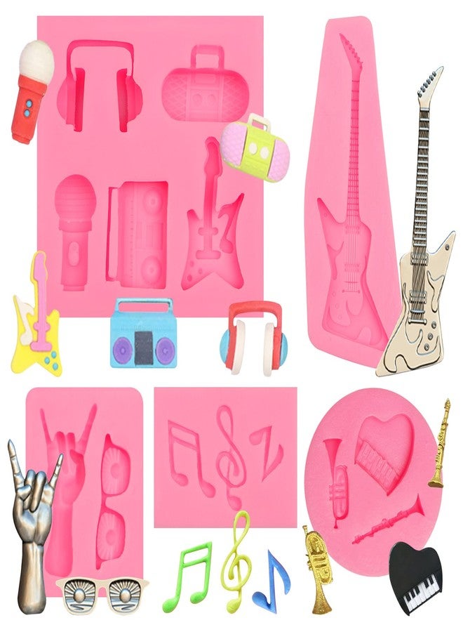 Xcake Lcook Music Theme Silicone Molds, 5-Piece Set, Guitar Musical Notes Radio Fondant Molds, Rock Hand Sign Microphone Chocolate Molds for Cake Decorating Cupcake Topper Candy Clay, Pink - Image 1