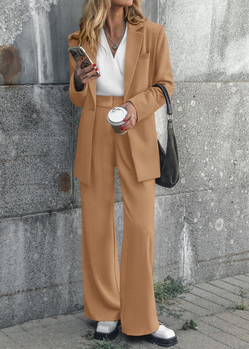 KIRUNDO Women Suits 2 Piece Set Business Casual Dressy Oversized Blazer Jacket and Wide Leg Dress Pantsuits Formal Outfits(Khaki, Medium) - Image 2