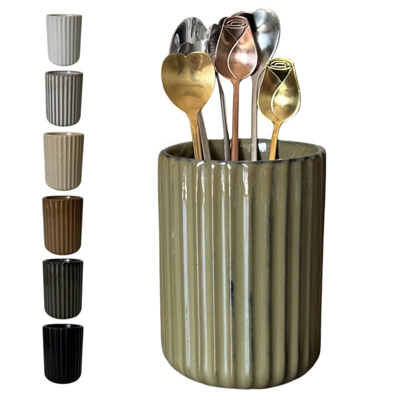 TOPYOKK Stoneware Coffee Bar Utensil Holder Tea & Coffee Spoon & Stirrer Holder for Stir Stick Straw Teaspoon Holder Spoon Cup Small Utensil Jar Fluted Vertical Stripe (Retro Green) - Image 1