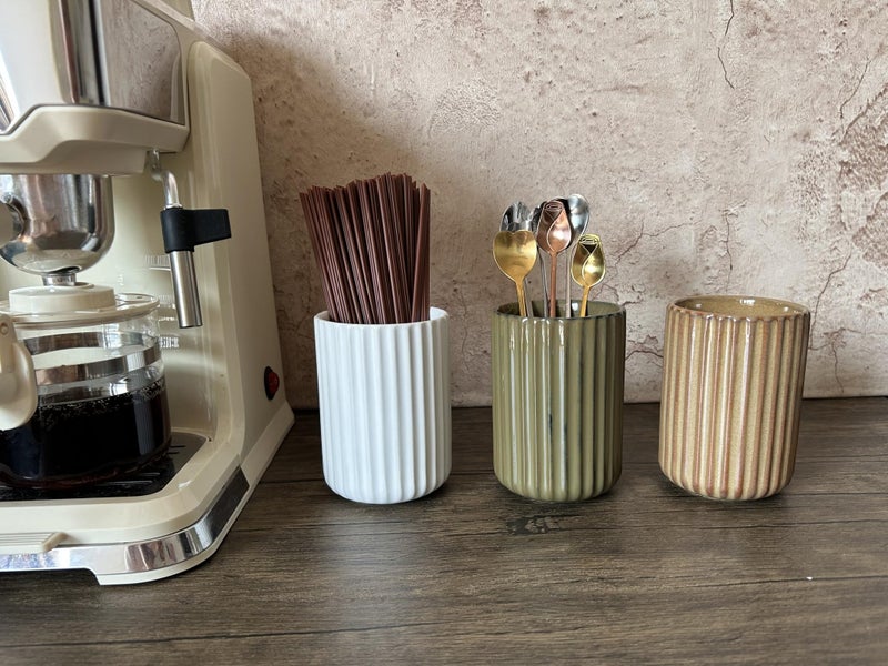 TOPYOKK Stoneware Coffee Bar Utensil Holder Tea & Coffee Spoon & Stirrer Holder for Stir Stick Straw Teaspoon Holder Spoon Cup Small Utensil Jar Fluted Vertical Stripe (Retro Green) - Image 2