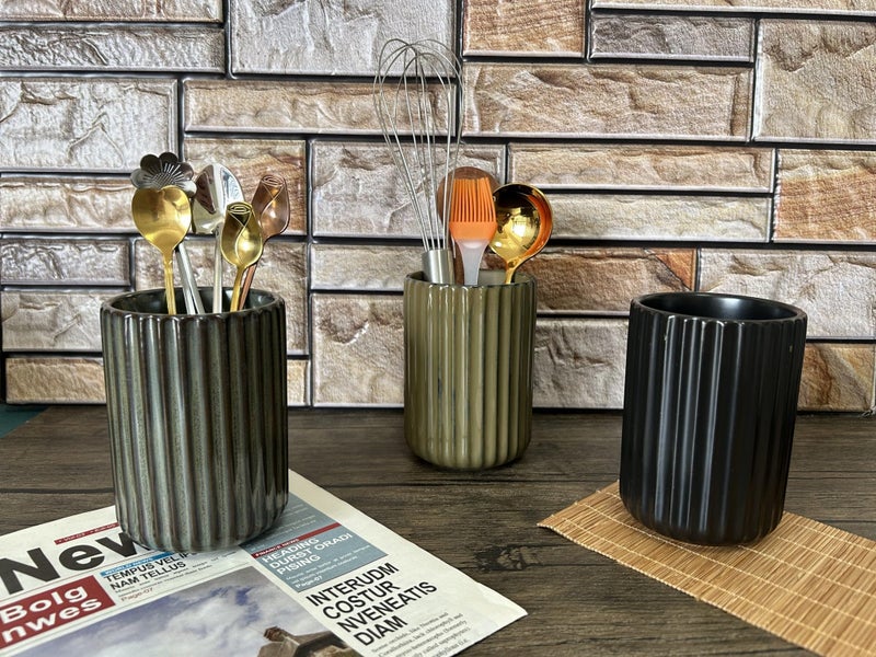 TOPYOKK Stoneware Coffee Bar Utensil Holder Tea & Coffee Spoon & Stirrer Holder for Stir Stick Straw Teaspoon Holder Spoon Cup Small Utensil Jar Fluted Vertical Stripe (Retro Green) - Image 3