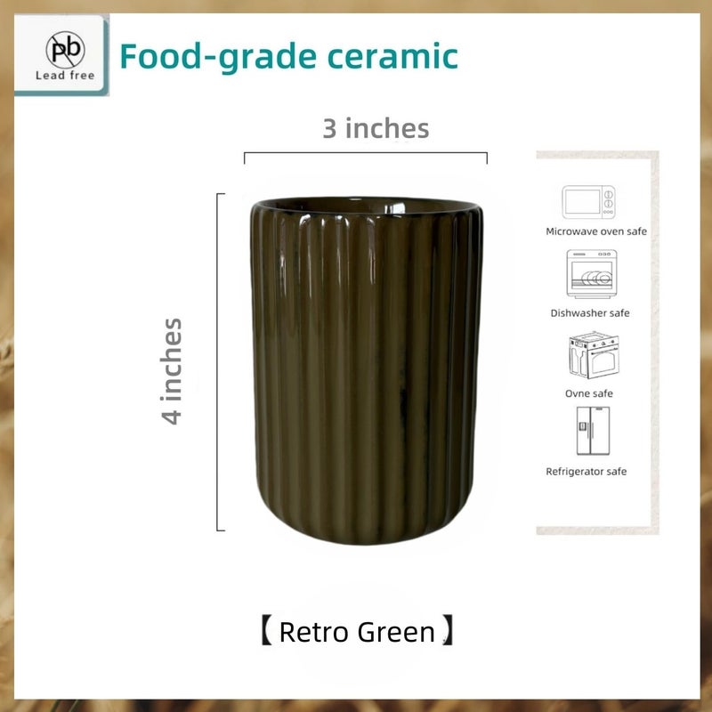 TOPYOKK Stoneware Coffee Bar Utensil Holder Tea & Coffee Spoon & Stirrer Holder for Stir Stick Straw Teaspoon Holder Spoon Cup Small Utensil Jar Fluted Vertical Stripe (Retro Green) - Image 5