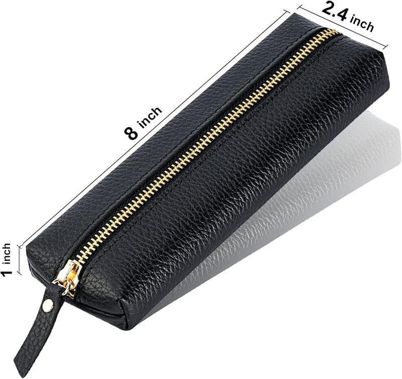 Excefore Genuine Leather Pen Case, Portable Cowhide Pencil Pouch with Zipper, Soft Black Simple Pen Bag for Adults, Student, Writer - Image 3