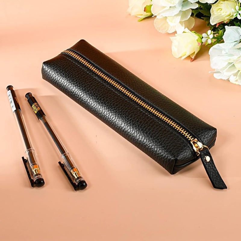 Excefore Genuine Leather Pen Case, Portable Cowhide Pencil Pouch with Zipper, Soft Black Simple Pen Bag for Adults, Student, Writer - Image 2